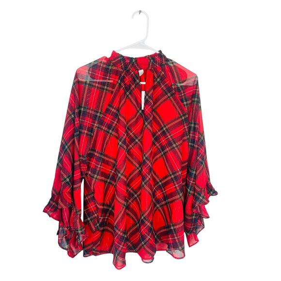 NWT Cato Plaid Flutter Long Sleeve Mock Neck Blouse Top Red Holiday 14-16 - Picture 1 of 6